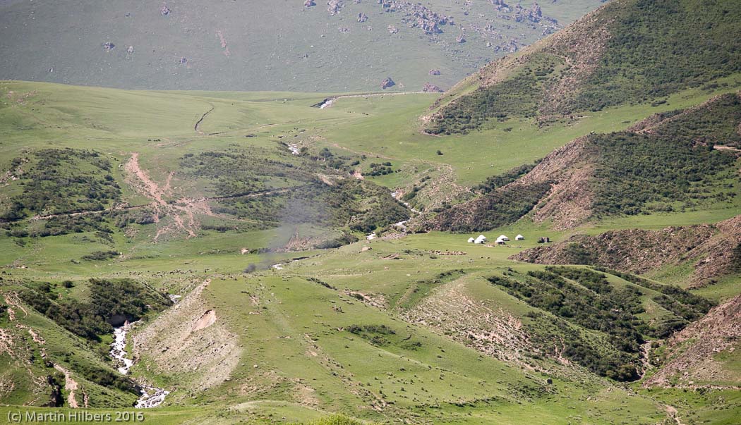 Kyrgyzstan: 30/06 Temir Kanat - Issyk Kul Yurt Camp / Looking back at last night's yurt camp. Click to see full size image