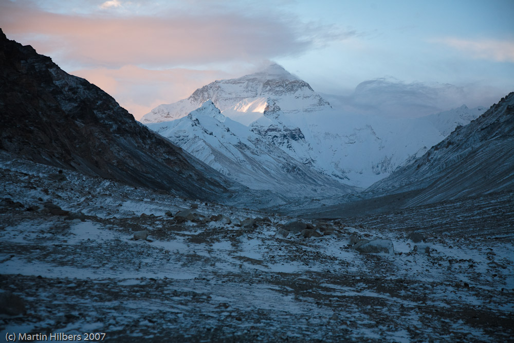 Lhasa Kathmandu : Rongbuk - Everest Base Camp / Mt Everest in the morning. Click to see full size image