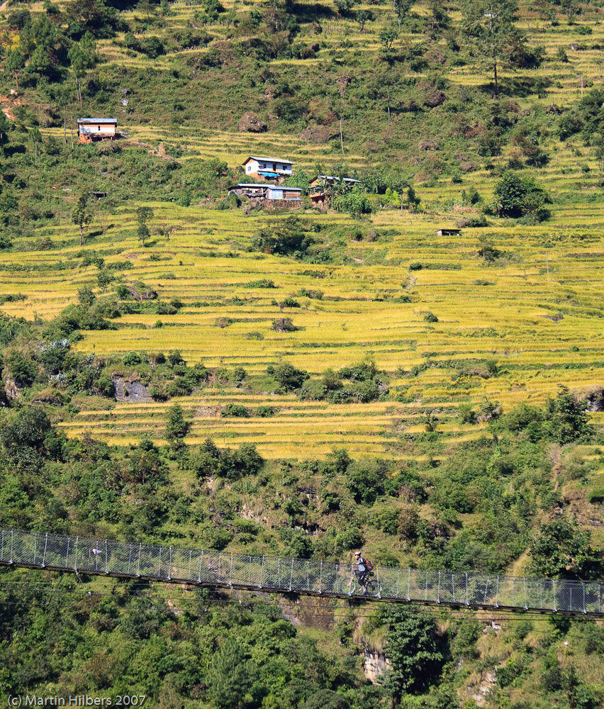 Lhasa Kathmandu : The Last Resort - Dhulikei / Bridge and background fields. Click to see full size image
