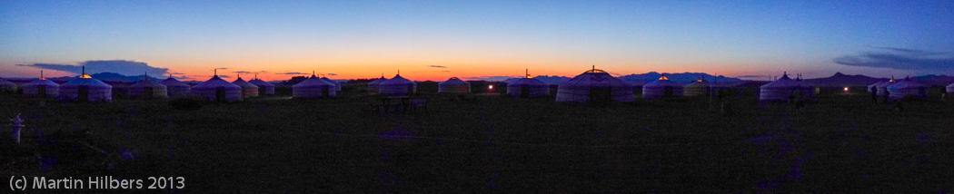 Mongolia: 17/6 Kharkorin - Mongol Els / Ger camp at sunset. Click to see full size image